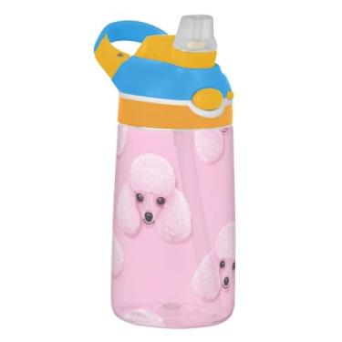 Imagem de Garrafa de água infantil Tritan de 473 ml com tampa de palha, garrafa de água esportiva portátil de 473 ml, copo infantil reutilizável à prova de vazamento, alça de transporte, lindos cães poodles