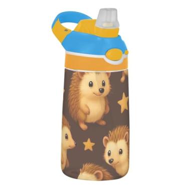 Imagem de Garrafa de água infantil Tritan de 473 ml, portátil, garrafa de água esportiva de 473 ml com canudo reutilizável à prova de vazamento, alça de transporte, ouriços fofos estrelas escuras