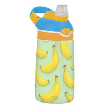 Imagem de Garrafa de água infantil verde claro com bananas amarelas para escola, 473 ml Tritan 473 ml Garrafa de água esportiva com canudo, copo infantil reutilizável portátil, alça de transporte