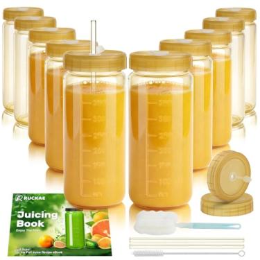 Imagem de Ruckae Garrafas de vidro de 473 ml com escala dupla - pacote com 10 garrafas de vidro reutilizáveis com tampas e canudos para sucos, vitaminas, água, recipientes de suco de kombucha para cozinha