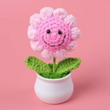 Imagem de Flores artificiais vibrantes de crochê e girassol, perfeitas para decoração de mesa de escritório e painel de carro, presentes ideais de aniversário para o dia das mães, charmosos