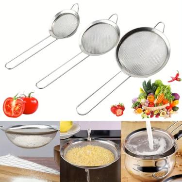 Imagem de Três filtros de malha fina de aço inoxidável com alças de metal - peneira de farinha e filtro de óleo de vários tamanhos, adequado para assar