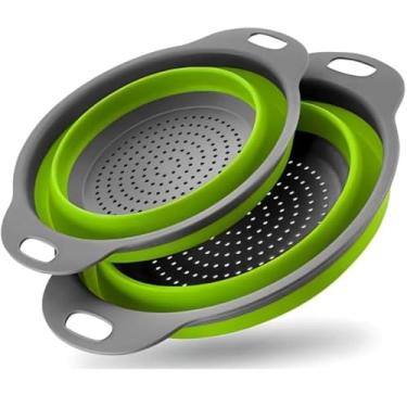 Imagem de Escorredor de Silicone Retrátil Redondo com Alça – Dobrável, Multiuso e Super Resistente – Verde com Detalhes Cinza – 29 x 23,5 x 8,5 cm