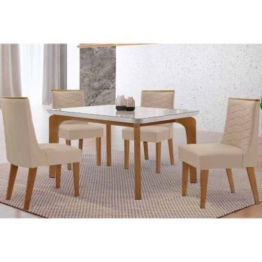 Imagem de Sala Jantar Mesa Londrina Tampo c/ Vidro Curvo 120cm 4 Cadeiras Maldivas Madeira Naturale/Off White - Capuccino/Suede Creme - Rufato