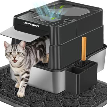 Imagem de URPOWER Caixa de areia para gatos de aço inoxidável com tampa 110° Flip-Top caixa de areia fechada extra grande panela de metal não pegajosa com face alta e colher, sem odor, entrada frontal e