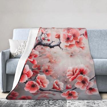Imagem de Cobertor grande ultramacio com estampa de flores de cerejeira japonesa, perfeito para cama, sofá e viagens, manta de flanela aconchegante e quente