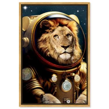 Imagem de Arte de parede em tela de astronauta leão brilhante por Notoriart, moldura flutuante dourada, 51 x 76 cm