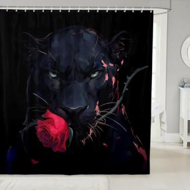 Imagem de Erosebridal Conjunto de cortina de chuveiro de leopardo preto, conjunto de banheiro de guepardo floral rosa vermelha para crianças e adultos, decoração de banheiro de pantera com estampa de animais