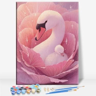 Imagem de HUINORYA Peony Swan Mae Dia das Mães Tela emoldurada DIY Kit de pintura por números bar café caverna sala de casa parede banheiro varanda pátio decoração presente, 40,6 x 30,5 cm