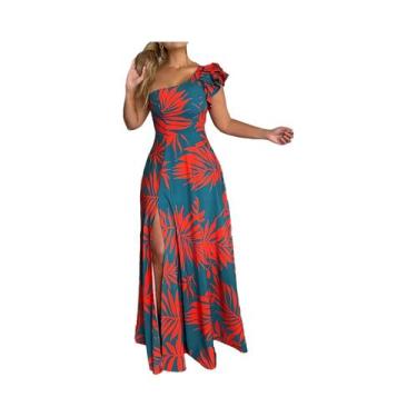 Imagem de Vestido Maxi Tropical De Um Ombro Para Mulheres Com Fenda Elegante Est