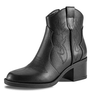 Imagem de PIZZ ANNU Botas femininas bordadas caubói ocidental cowgirl bico redondo botas curtas moda feminina retrô botas clássicas salto grosso, Preto, 39