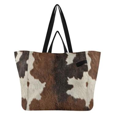 Imagem de SEHANY Sacolas de compras reutilizáveis com estampa de vaca marrom e branca com alças reforçadas, bolsa de compras de lona dobrável à prova d'água de grande capacidade para viagem, cozinha, praia