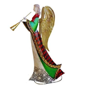 Imagem de Enfeite Anjo com Corneta 49cm Decoração de Metal Resina e Madrepérola 