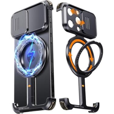 Imagem de HUHUCASE Capa de celular com suporte magnético, adequada para iPhone15/16promax capa deslizante com lente de proteção de 360 graus, suporte giratório de 360 graus, capa protetora sem moldura (preta