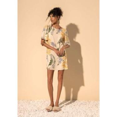 Imagem de Vestido Curto De Mangas Curtas Estampado Com Decote Redondo-Feminino