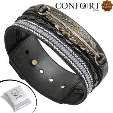 Imagem de Pulseira de Couro Preto Ajustável Pena Tribal Trançada Ouro Velho-Unissex