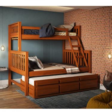 Imagem de Treliche com Cama de Casal 3 Gavetas Madeira Maciça Saraiva - Castanho Claro