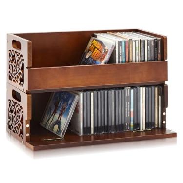 Imagem de CroBlissful 2 conjuntos de suporte de CD de madeira, caixa de armazenamento de DVD, fita cassete, organizador com alças de transporte, prateleira de CD para capas de filmes, DVDs, cada conjunto pode