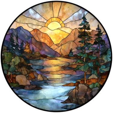 Imagem de Pendurado em vitrais, apanhadores de sol coloridos para janela, painel de diamante decorativo, apanhador de sol de jardim para aniversário para mulheres, homens, marido (nascer do sol + montanha)