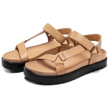 Imagem de Coutgo Sandália feminina plataforma confortável suporte de arco palmilha ajustável tira no tornozelo verão praia sandálias planas, Marrom claro/poliuretano, 40