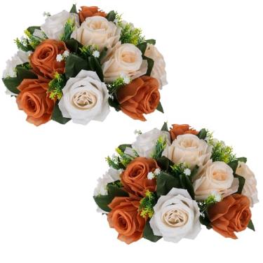 Imagem de NUPTIO Peças centrais de bola de flor de terracota: bolas artificiais de beijo rosa para mesas de festa de casamento - 2 peças de arranjos florais de seda sintética para decoração de jantar e evento