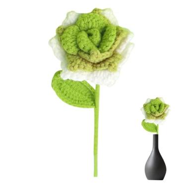 Imagem de Flor de crochê – Rosa artificial colorida do dos Namorados, rosa de malha feita à mão para decoração de casa, flor de simulação faça você mesmo, presente de tricô de crochê para meninas e mulheres