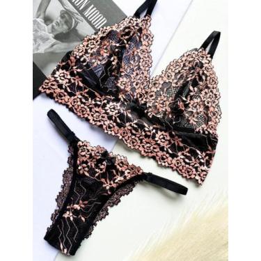 Imagem de Conjunto Sem Bojo Bicolor Preto Com Salmão - Treacy Lingerie, GG
