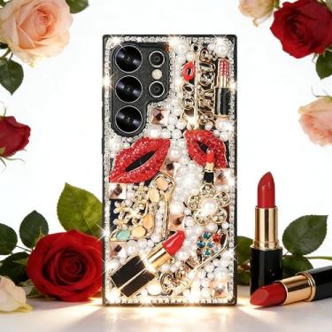 Imagem de Bonitec Compatível com Samsung Galaxy S24 Ultra Bling Case Mulheres Meninas Luxo 3D Diamante Cristal Strass Batom Lábios Salto Alto Floral Brilhante Pérola Glitter Protetor Feminino Bonito Designer