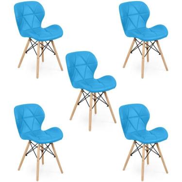 Imagem de Kit 05 Cadeiras Charles Eames Eiffel Slim Wood Estofada - Azul