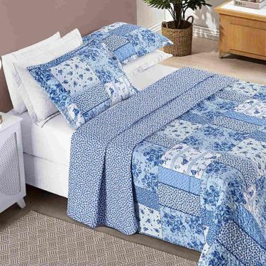 Imagem de Colcha Ayla Casal Queen Tecido Dupla Face Microfibra 03 Peças - Azul Sereno