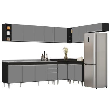 Imagem de Armário De Cozinha Modulado De Canto 8 Peças Cp27 Com Pia Inox Preto-cinza - Lumil