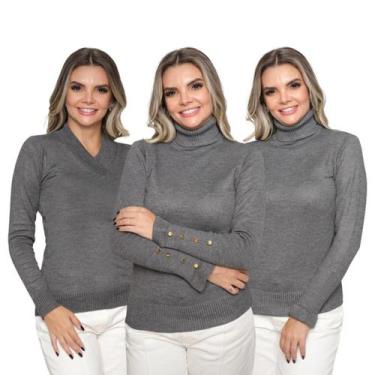 Imagem de Kit 3 Blusa Feminina Tricô Deconte V Gola Alta Manga Botão Lã Lisa Inv