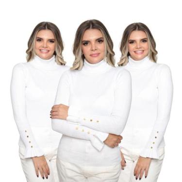 Imagem de Kit 3 Blusas Feminina Manga Longa com Botão Gola Alta Tricô Inverno Ca