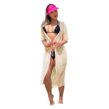 Imagem de Saída Praia Longa Manga 3/4 Canga Kimono Verão Moda - EUC STORE, Off, 