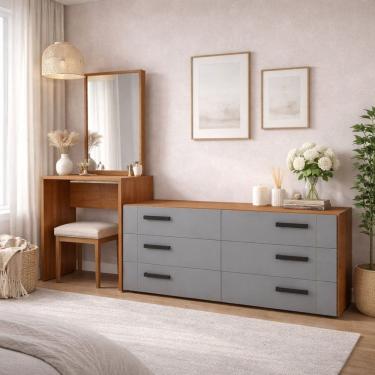 Imagem de Cômoda Penteadeira 6 Gavetas Lisboa Cinza/Freijó