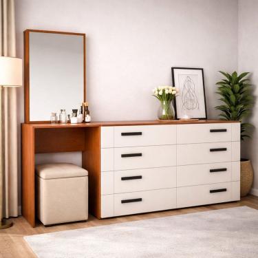 Imagem de Cômoda Penteadeira 8 Gavetas Lisboa Creme/Freijó