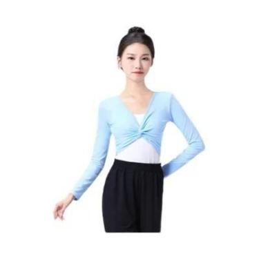 Imagem de Camisa De Dança De Manga Longa Para Mulheres, Top Cropped De Algodão, 