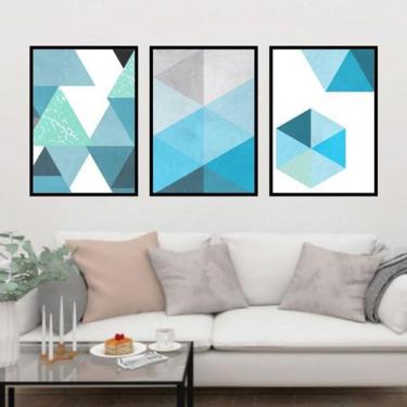Imagem de Kit 3 Quadros Decorativos Geométrico Azul 34x23cm