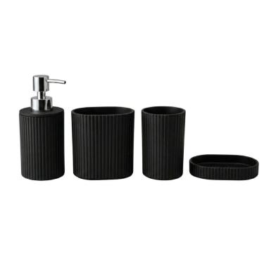 Imagem de Kit Banheiro Preto com Bambu: 4 Peças (Dispenser, Porta Escova, Copo, Saboneteira)
