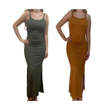 Imagem de KIT C/2 Vestidos Longo Canelado com Fenda - Emporio J, Militar, Carame