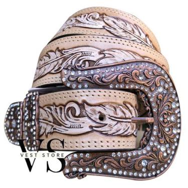 Imagem de Cinto Country Feminino De Couro Trabalhado Fivela c/ Strass - Paul Wes