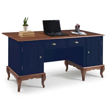 Imagem de Escrivaninha de Madeira Hannover com 2 Portas e 2 Gavetas com Tampo Estendido 60813TE - Azul Petróleo/ Imbuia Glazer