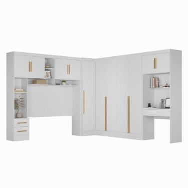 Imagem de Guarda-roupa Modulado 4 Peças 11 Portas com Cabeceira até 158cm e Escrivaninha Branco