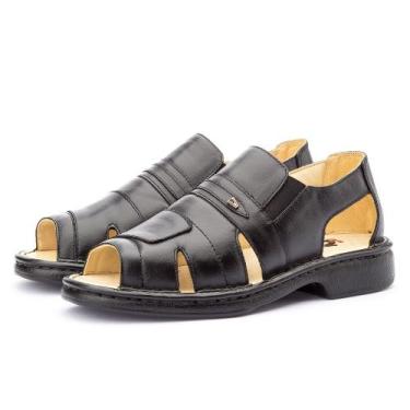 Imagem de Sandalia Masculina Em Couro Calce Facil Elastico Ortopedica Linha Conf