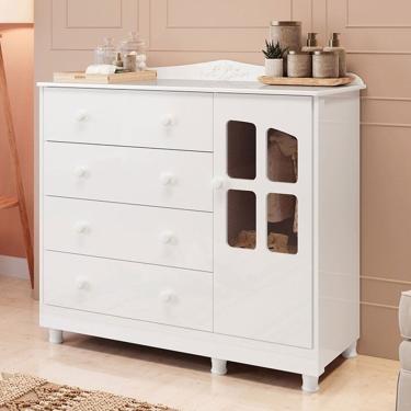 Imagem de Cômoda Infantil Elô 1 Porta 4 Gavetas 100% Mdf 4463 Branco Brilho - Móveis Peroba
