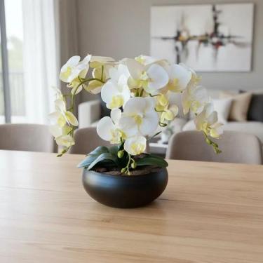Imagem de Arranjo Grande Centro de Mesa 3 Orquídeas Branca 3d Vaso Preto - Decor
