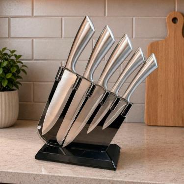 Imagem de Conjunto de Facas 5 Peças em Aço Inox com Suporte Profissional para Cozinha Prata
