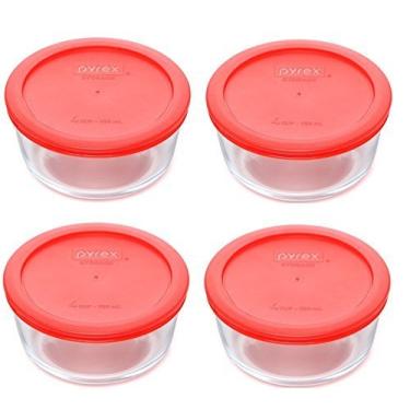 Imagem de Pyrex (4) tigelas de vidro 7201 para 4 xícaras e (4) tampas de plástico vermelho 7201-PC, feitas nos EUA