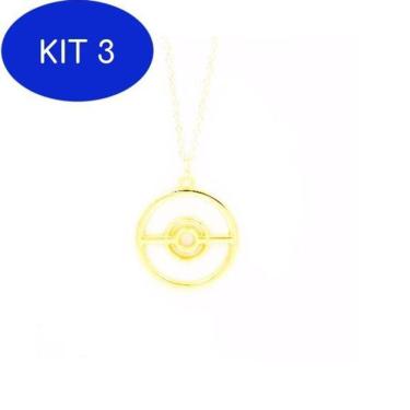 Imagem de Kit 3 Colar Cordão Pokebola Pokemon Folheado Ouro 18k