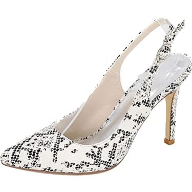 Imagem de A shoe store Sapatos femininos de salto de casamento com tira traseira de 9,8 cm bico fino Brvestido de festa noite PU salto de dama de honra fechado sem salto de pele de cobra, Branco, 9